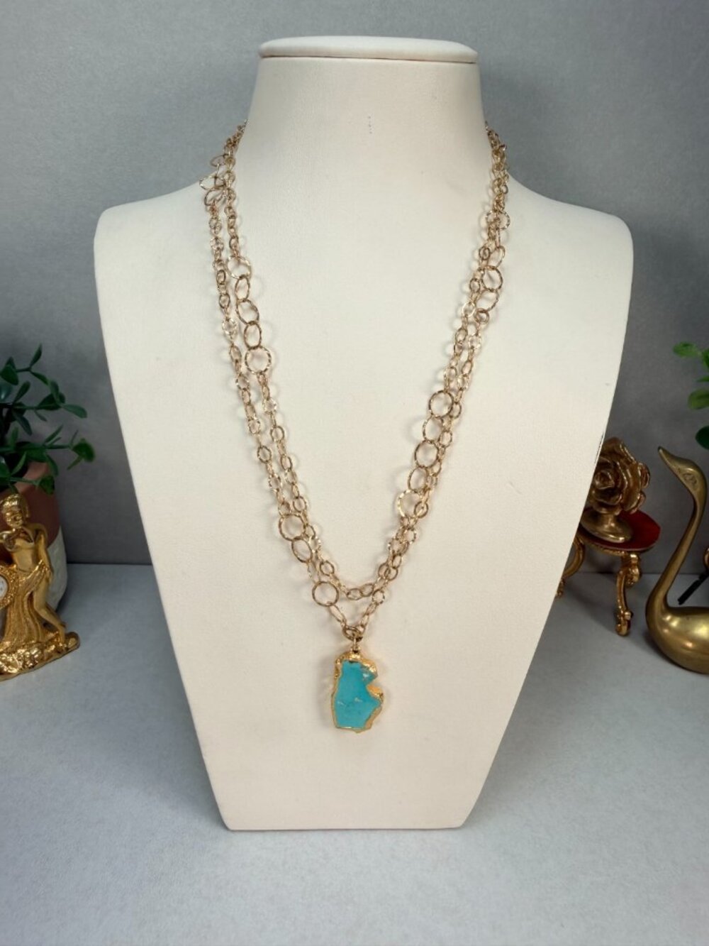 14K Gold Filled Turquoise Slice Pendant Long Necklace Boho Statement - Picture 2 of 8